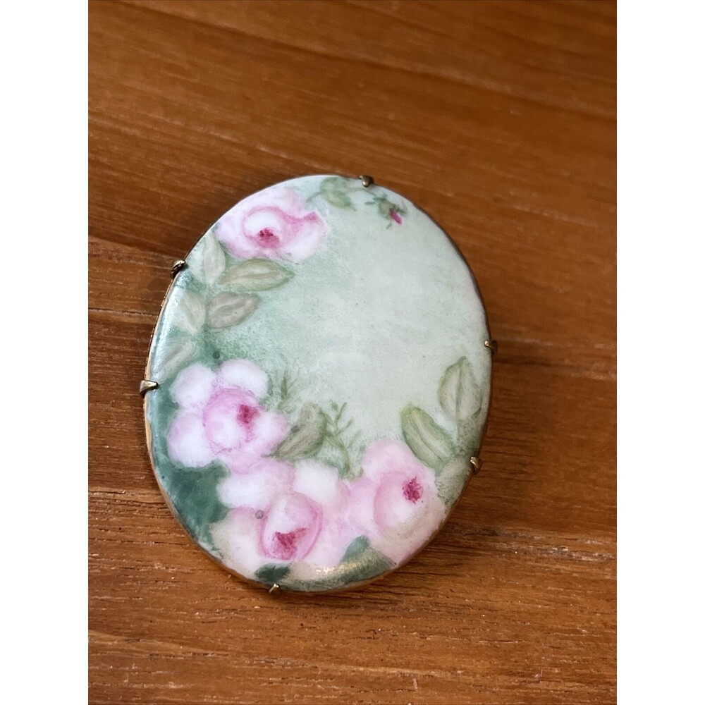 Vintage Porcelain Pink Flowers Pin Hand Painted   Antique 1940’s
